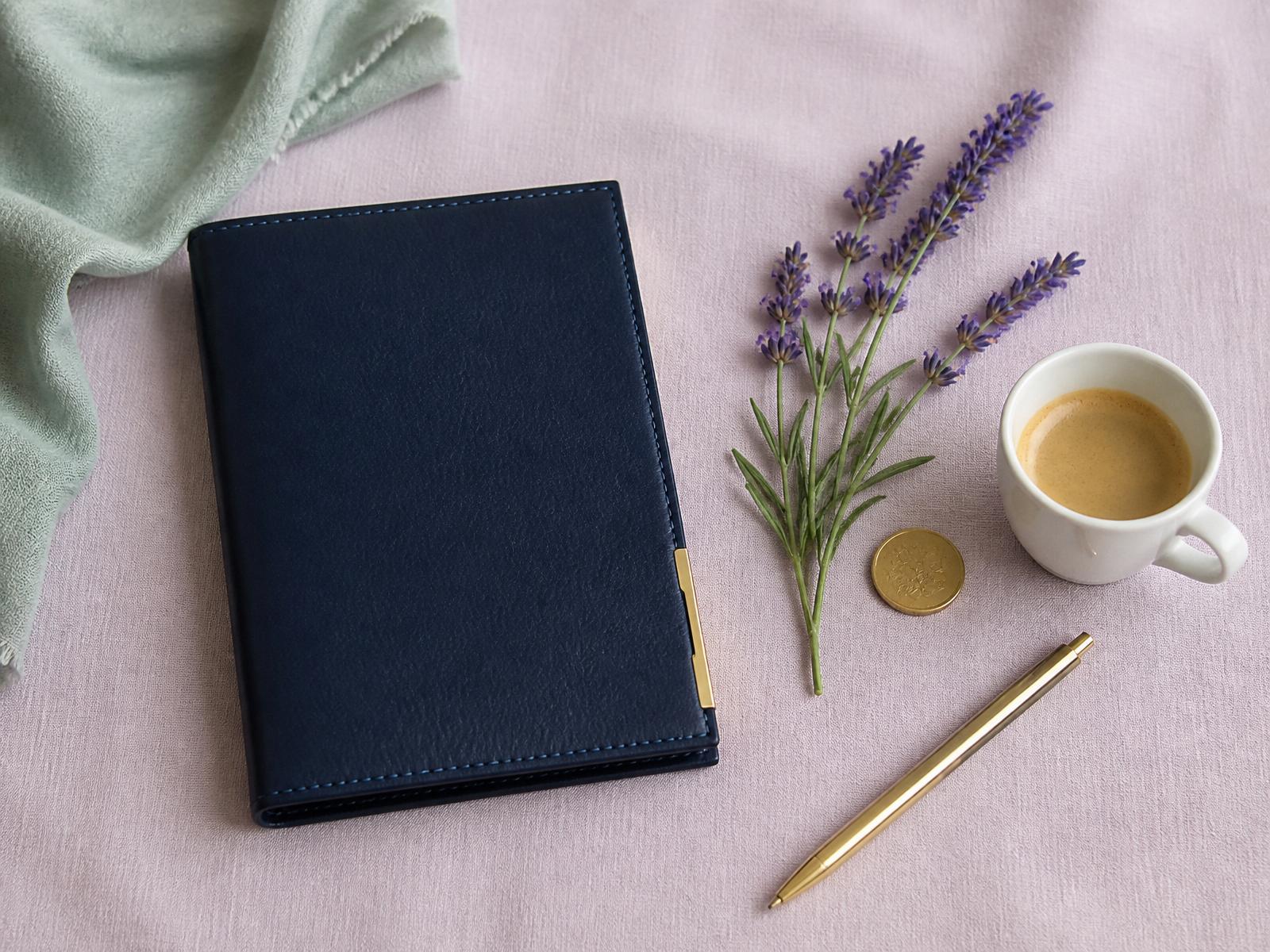 A lavender sprig, journal, and gold pen on soft linen
